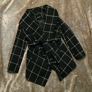 Chicwish Shawl Collar Black w/ White Grid Asymmetric Hem Wool Blend Coat Small